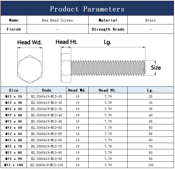 DIN933 M12 Brass Hex Head Bolts Fastener Manufacturer Supplier