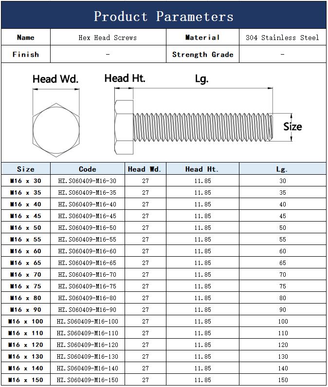 DIN933 M16 304 Stainless Steel Hex Head Bolts Fastener Manufacturer 