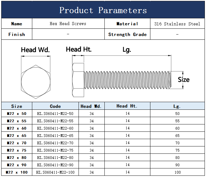 DIN933 M22 316 Stainless Steel Hex Head Screws Fastener Manufacturer 
